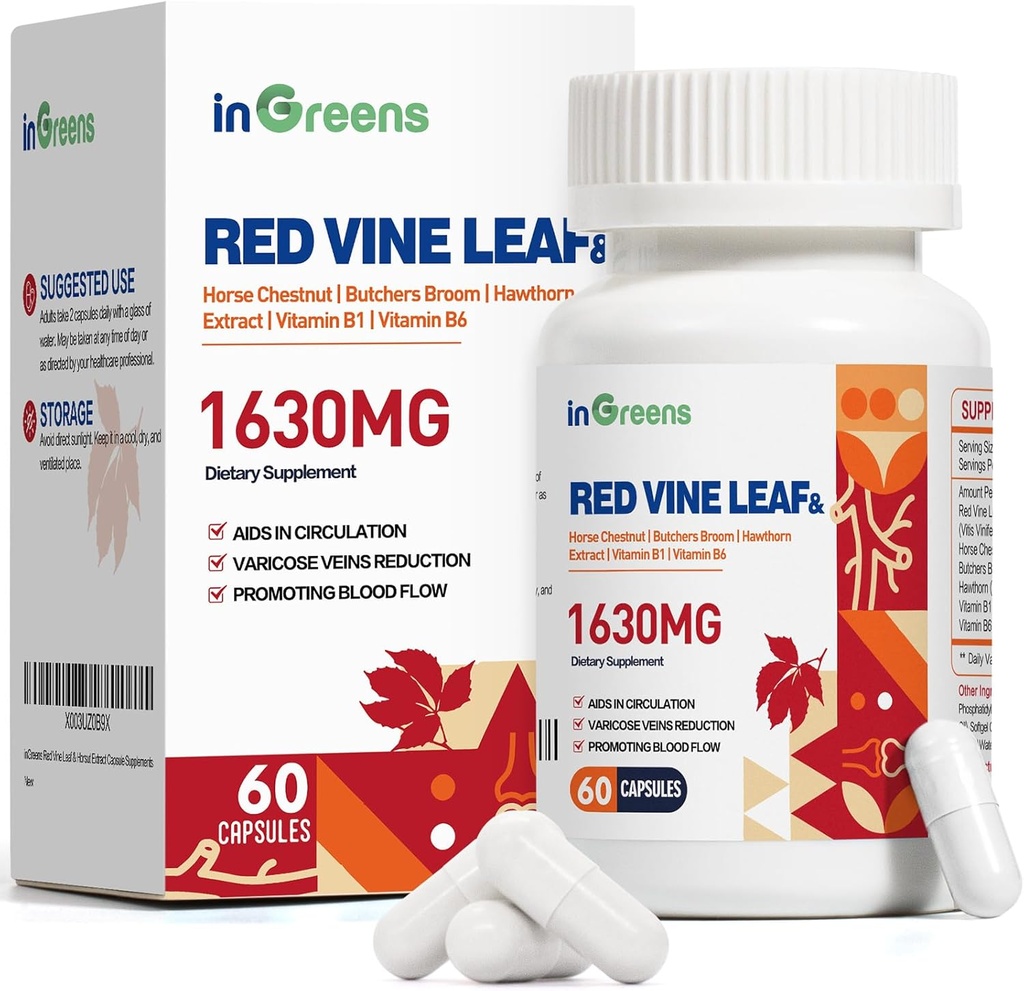 Red Vine Leaf Extract 1630mg with Horse Chestnut, Butcher’s Broom, Hawthorn Supplement for Varicose Veins, Leg, Circulation, Heart, Skin, Support for Heart Health, Made in USA, 60 Capsules