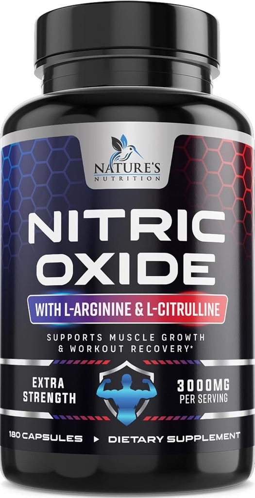 Nitric Oxide Booster Extra Strength 3000mg - 3X Strength L-Arginine & Citrulline, Best Nitric Oxide Supplements for Men, Supports Muscle, Heart Health, Energy Supplement, Bottled in USA, 180 Capsules