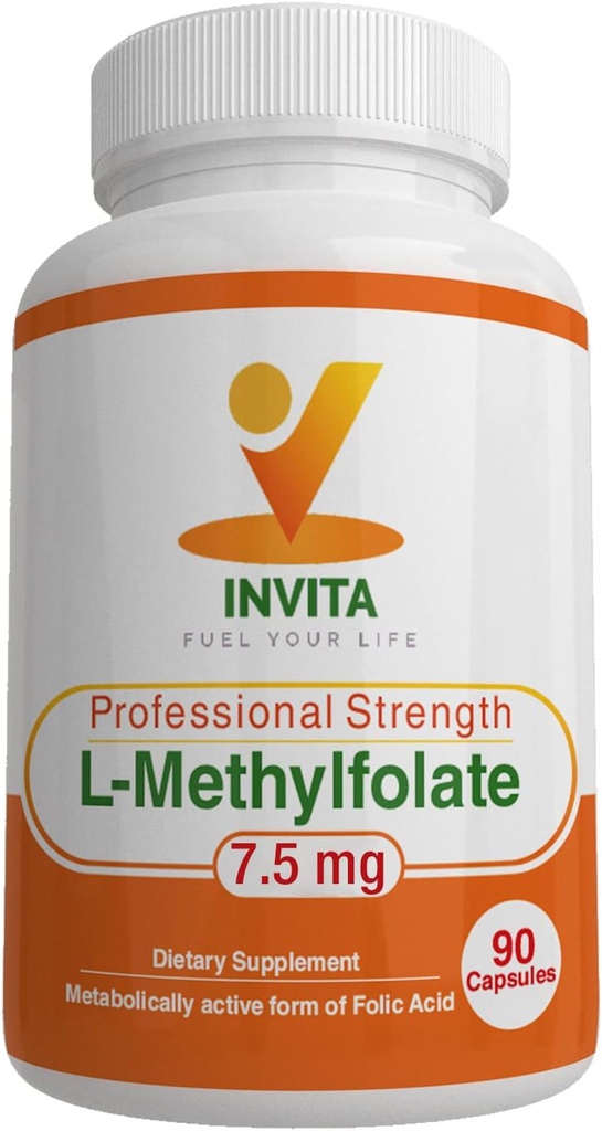 INVITA L-Methylfolate - Professional Strength Active Methyl Folate - 5-MTHF Supplement for Energy, Mood & Immune Support - Non GMO, Gluten Free, No Fillers (7.5 Mg)