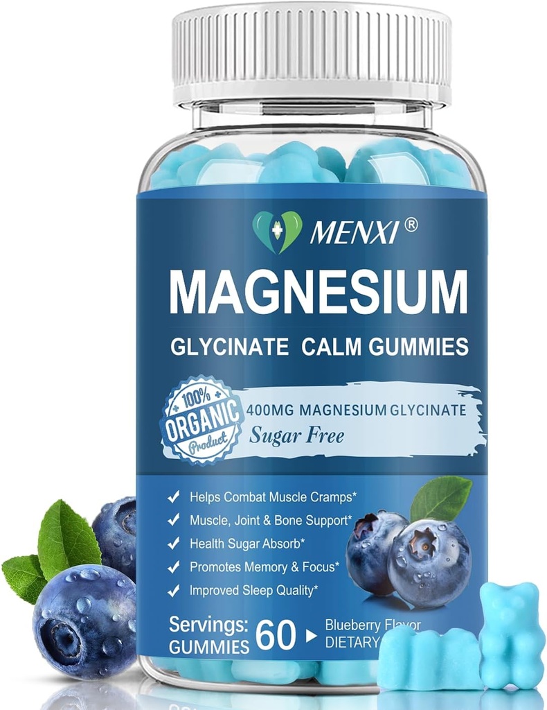 Magnesium Gummies 600mg per Serving-Magnesium Glycinate 400mg and Magnesium Malate 200mg,Sugar Free Magnesium Potassium Supplement for Calm Mood, Muscle, Bone & Sleep Support,60 Blueberry Gummies