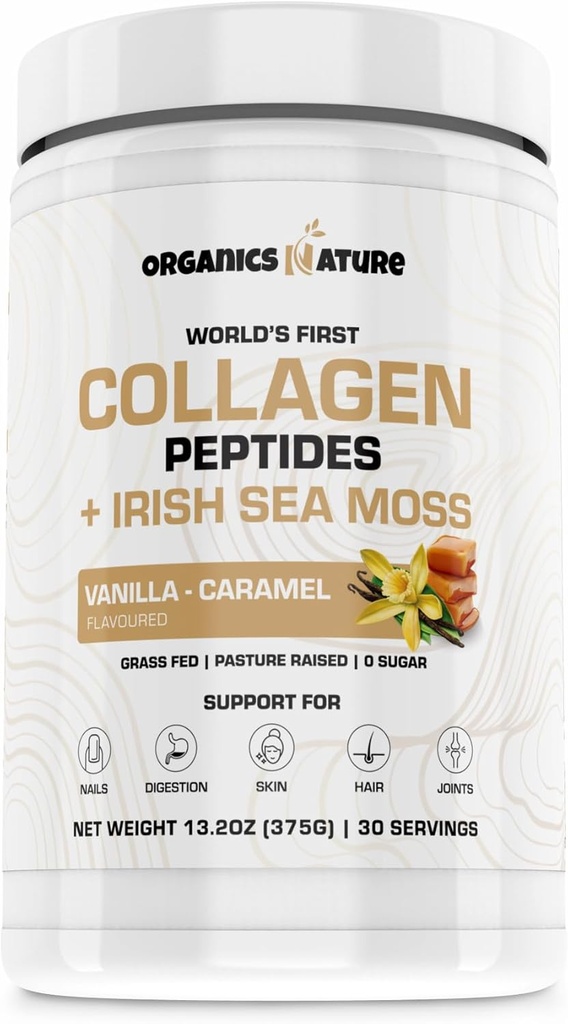 ORGANICS NATURE Collagen Peptides Powder with Irish Sea Moss Vanilla Caramel Flavored | Naturally Sourced Hydrolyzed Collagen w/Biotin for Hair, Skin, Nail, and Joint Support 30 Servings 380 gr