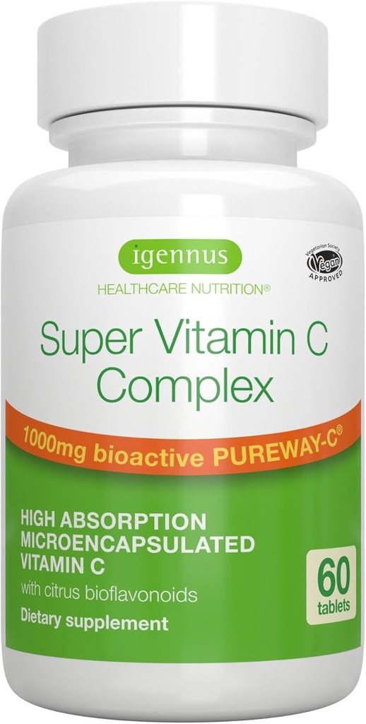 Igennus High Absorption Super Vitamin C, Clean Label Pureway-C 1000mg, Vegan Vitamin C with Bioflavonoids, 60 Servings, 24-Hour Action, Immune Health, Energy, Heart & Brain