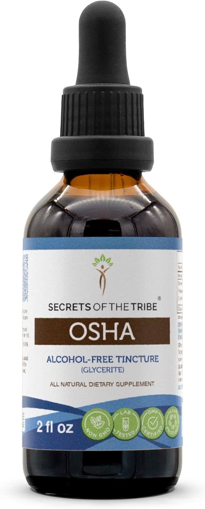 Secrets of the Tribe OSHA Tincture Alcohol-Free Extract, High-Potency Herbal Drops, Tincture Made from Responsibly farmed OSHA Ligusticum porteri Respiratory System Health 2 oz