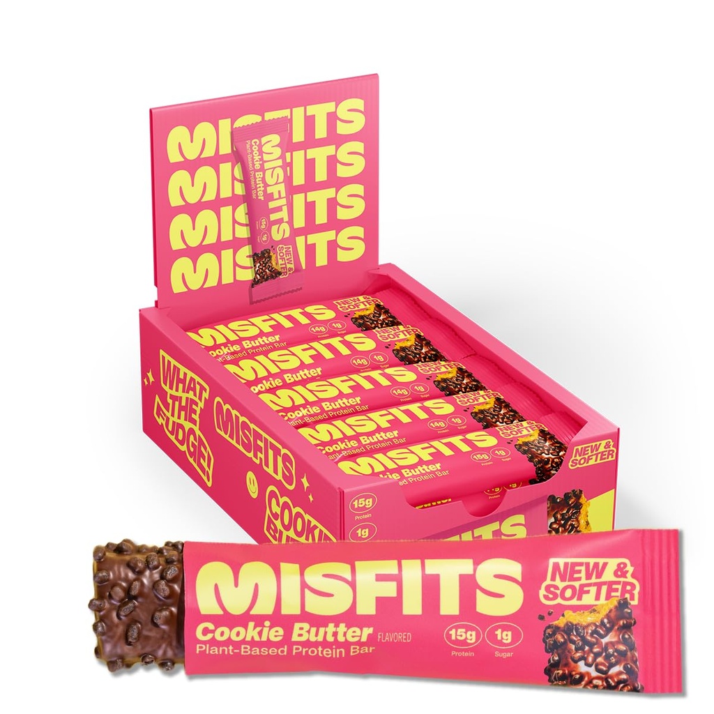 Misfits Vegan Protein Bars, Cookie Butter - Updated Recipe | Plant Based, Low Sugar & Carb, High Fiber Snacks | Pack of 15