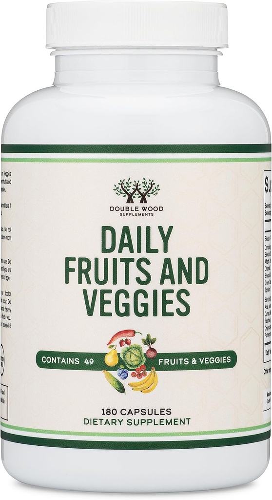 Fruits and Veggies Supplement (Daily Blend of 49 Different Fruits and Vegetables, 23 Veggies and 29 Fruits) 1,500mg Servings, 180 Capsules (No Fillers, Vegan Safe, Non-GMO) by Double Wood