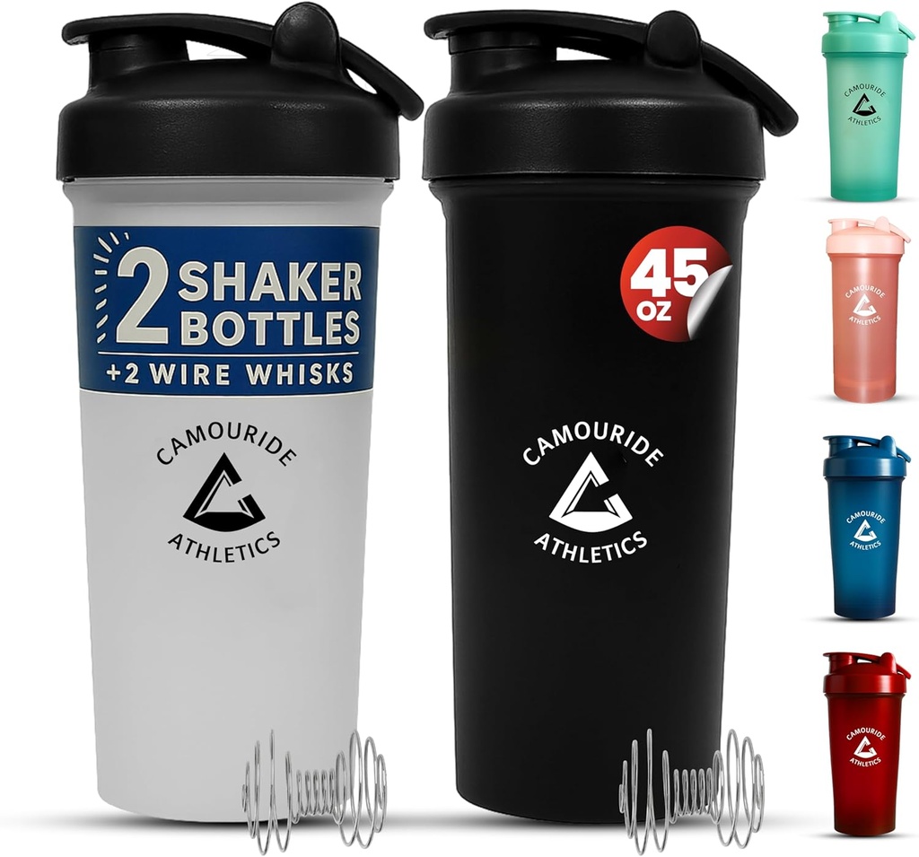 2 Pack 45 oz Protein Shaker Bottles with Wire Whisk – BPA-Free, Leak-Proof Shaker Cups for Protein Shakes & Smoothies – Large Plastic Mixer Bottle – Classic White & Midnight Black
