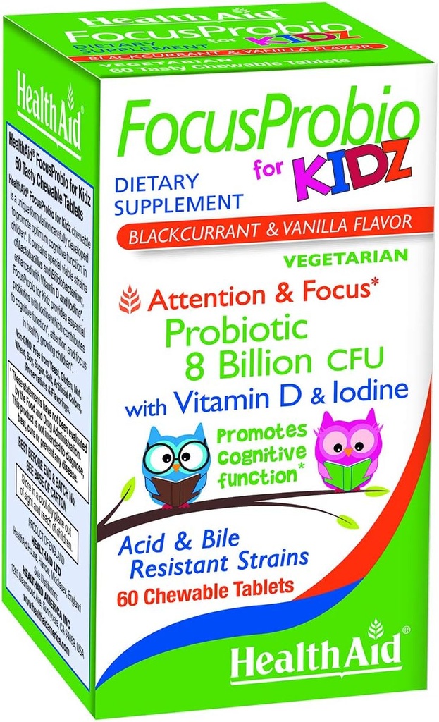 FocusProbio for Kidz, 60 Chewable Tablets, Supports Cognitive Function for Attention and Focus. Blackcurrant and Vanilla Flavor, Contains Vitamin D & Iodine. Acid & Bile Resistant Strains. Vegetarian