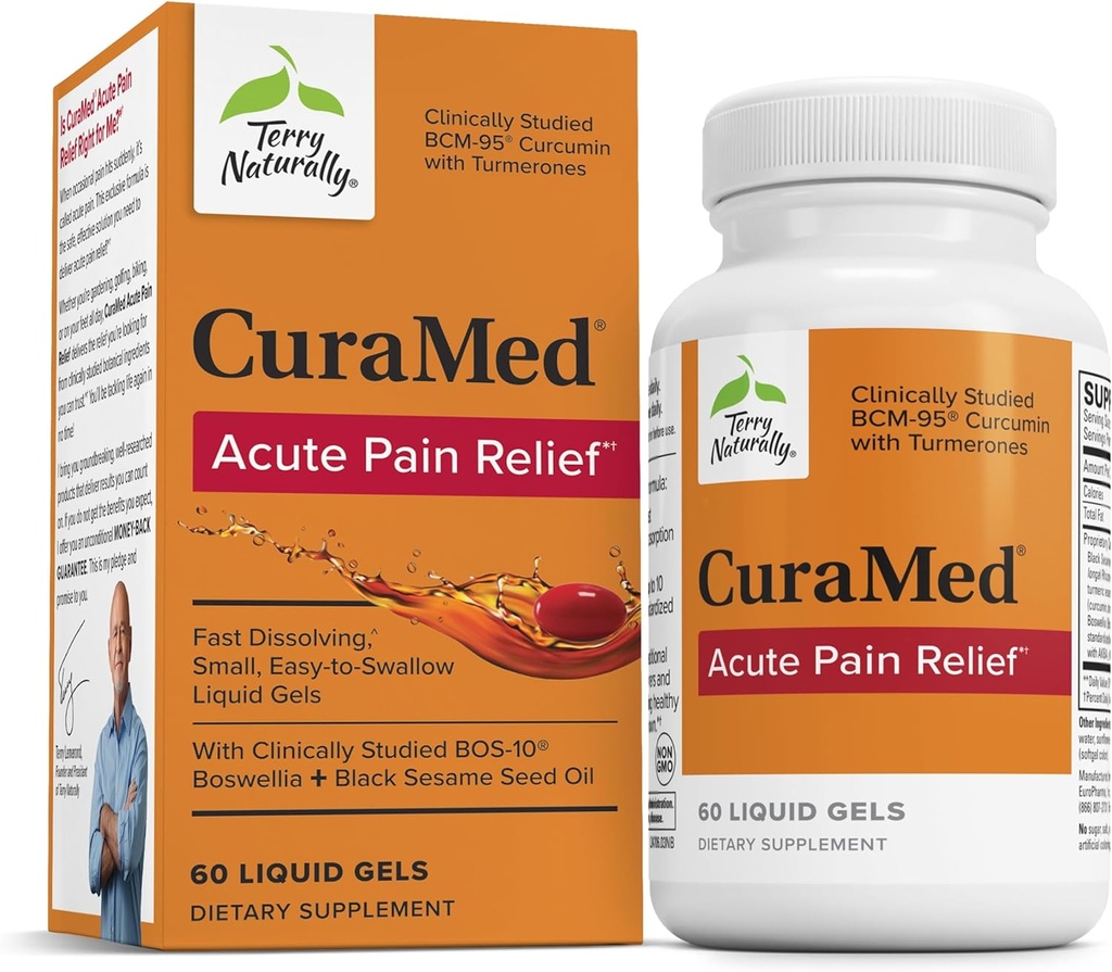Terry Naturally CuraMed Acute Pain Relief - Supplement with BCM-95 Curcumin & BOS-10 Boswellia - Black Sesame Seed Oil to Support Relief of Occasional Discomfort - 60 Liquid Gels