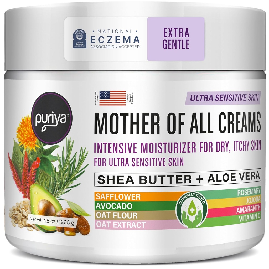 Puriya National Eczema Association Accepted Cream 4.5 oz, Dry Itchy Skin Relief, Colloidal Oatmeal Lotion, For Kids, Adults, Face, Hands, Mother of All Creams, Plant-Based Hydration,No Fragrance Added