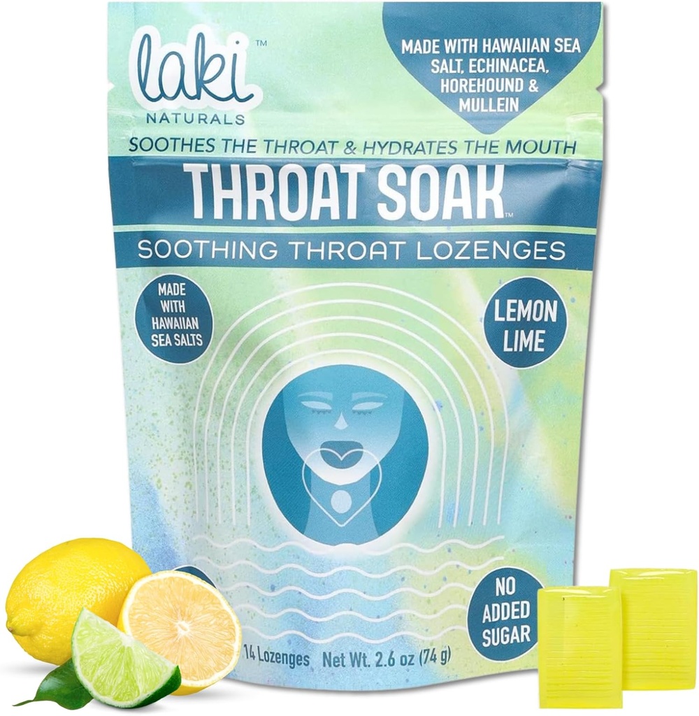 Laki Naturals Throat Soak Herbal Throat Lozenges (14 Ct) – Hawaiian Sea Salt Sore Throat & Dry Mouth Soothing Drops – Vegan, Non-GMO, Sugar-Free & Gluten-Free Sweet and Salty Herbal Candies