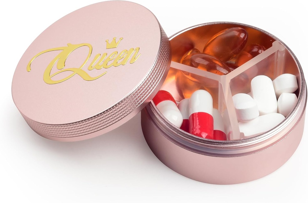 Small Pill Case 3 Compartments, Metal Round Portable Pill Box, Waterproof Travel Pill Organizer, Pocket Purse Medicine Vitamin Holder EDC Container (Rose Gold with Queen)