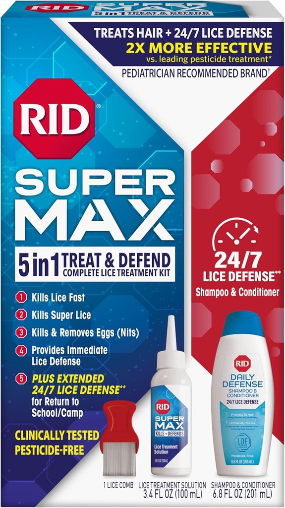 RID Super Max Lice Treatment Kit, Kills Lice & Super Lice & Eggs + 24/7 Lice Defense, Pesticide Free, 3.4 FL OZ Solution + 6.8 FL OZ Daily Defense Shampoo & Conditioner + Nit Removal Comb