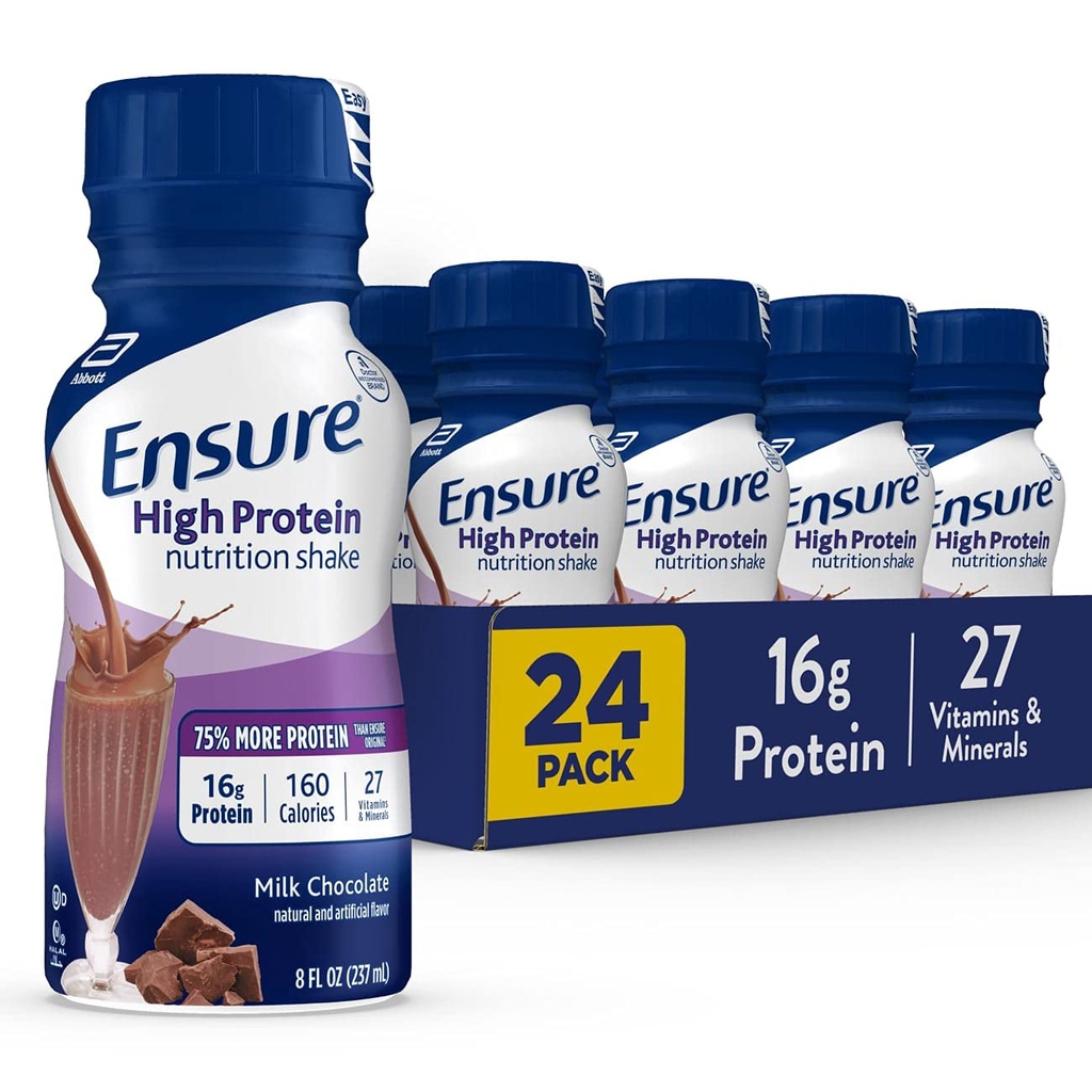 Ensure High Protein Nutritional Shake with 16g of Protein, Ready-to-Drink Meal Replacement Shakes, Low Fat, Milk Chocolate, 8 fl oz, 24Count