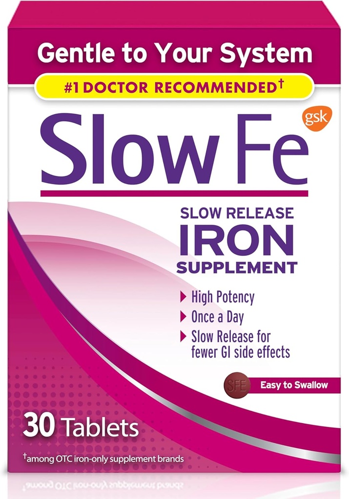 Slow Fe 45mg Iron Supplement for Iron Deficiency, Slow Release, High Potency, Easy to Swallow Tablets - 30 Count