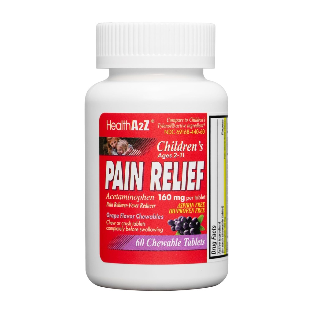 HealthA2Z® Children's Pain Relief, Acetaminophen 160mg, Grape Flavor Chewable Tablets, Aspirin Free, Ibuprofen Free, 60 Counts