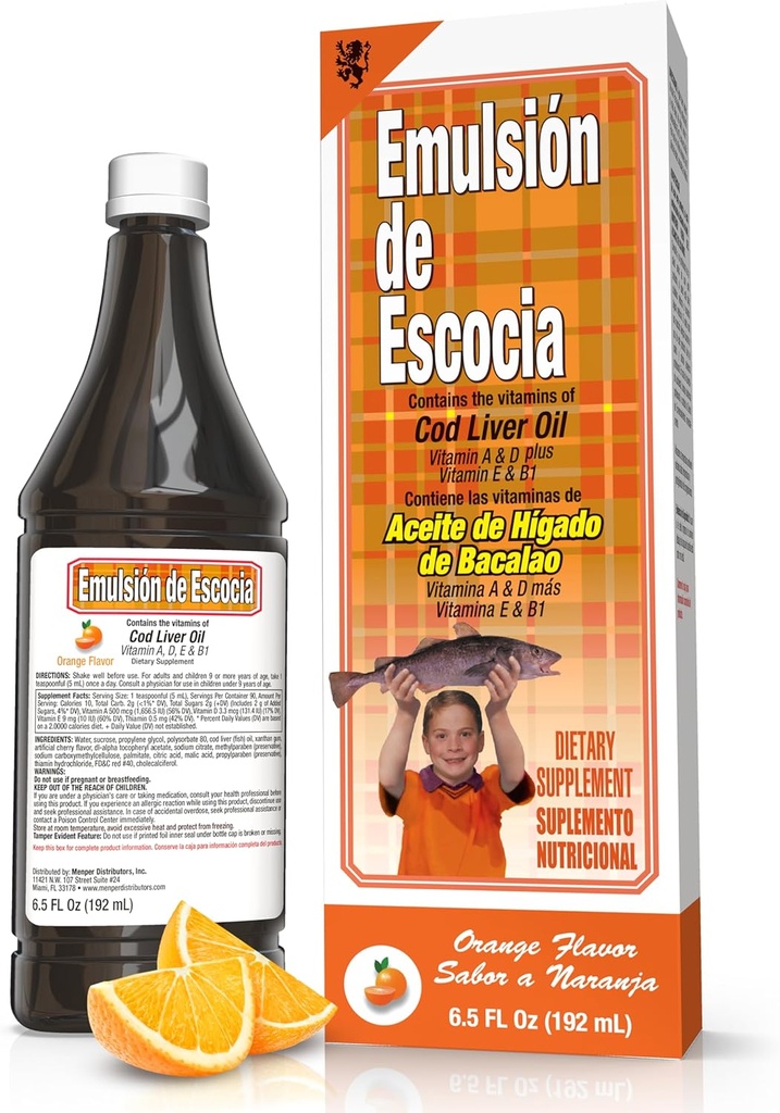 EMULSION DE ESCOCIA Cod Liver Oil, Orange Flavor, 6.5 fl oz (1 Pack) – Fish Oil with Vitamins A, D, E, B1, Omega-3 for Immune and Bone Health, Kids & Adults