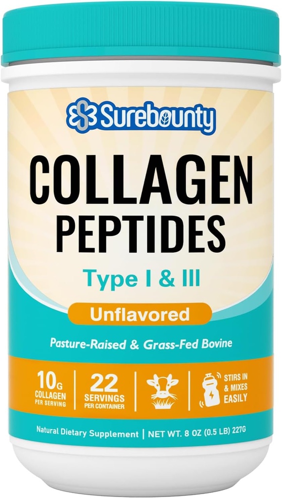 Collagen Peptides Powder, Type I & III, Grass-Fed Bovine Source, Unflavored, Dissolves Easily, Skin, Hair, Nail & Muscle Care, Paleo & Keto Friendly, 8oz
