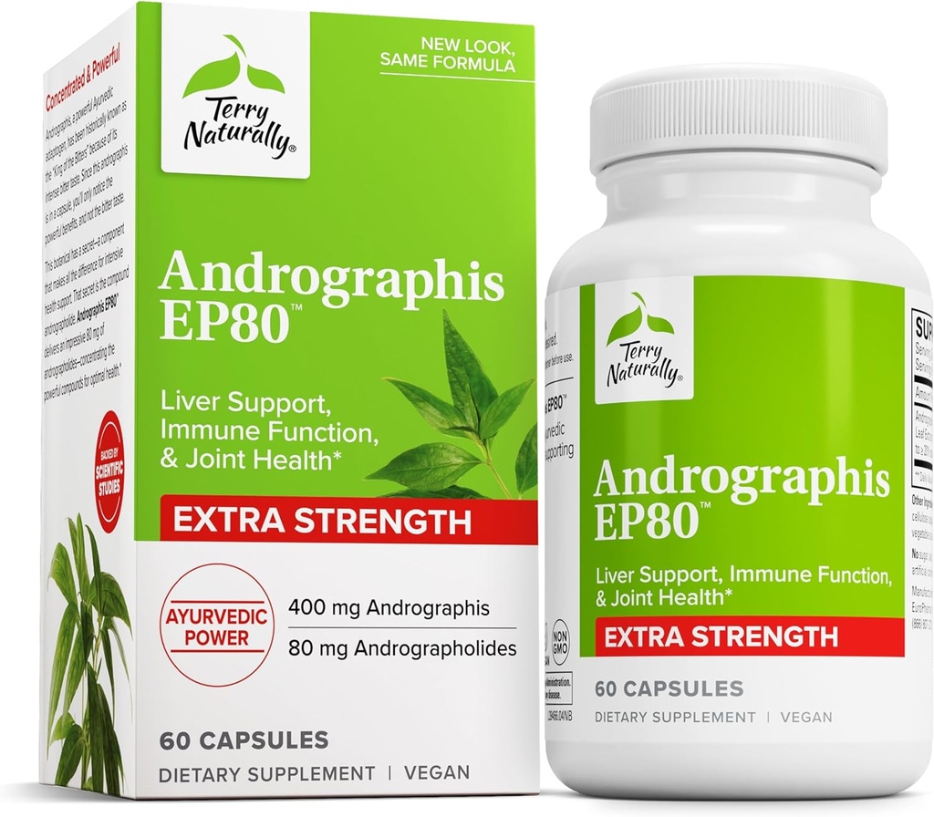 Terry Naturally Andrographis EP80 Extra Strength - Brain Health & Immune Support - Joint Health Supplement to Aid Mobility - Vegan Adaptogen Supplement for Energy & Liver Support - 60 Capsules