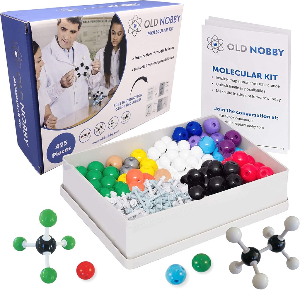 Old Nobby Organic Chemistry Set (425 pc) Molecular Model Kit with Atoms, Bonds, Guide, Bond Removal Tool - STEM Science Kits for Kids Toys Chemistry Set for Students Teachers Young Scientists