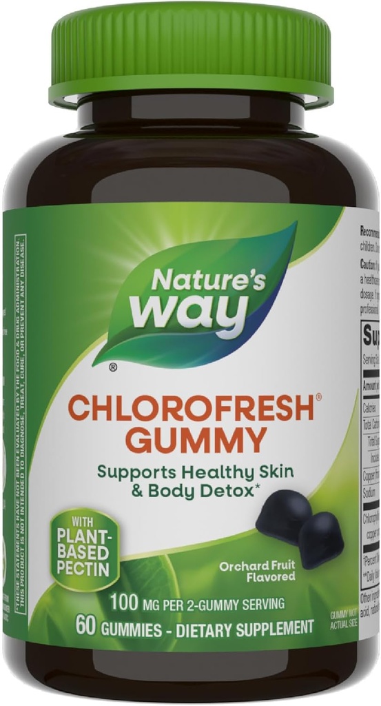 Nature’s Way Chlorofresh Chlorophyll Gummies, Supports Healthy Skin and Body Detox*, Internal Deodorant*, Orchard Fruit Flavored, 60 Gummies