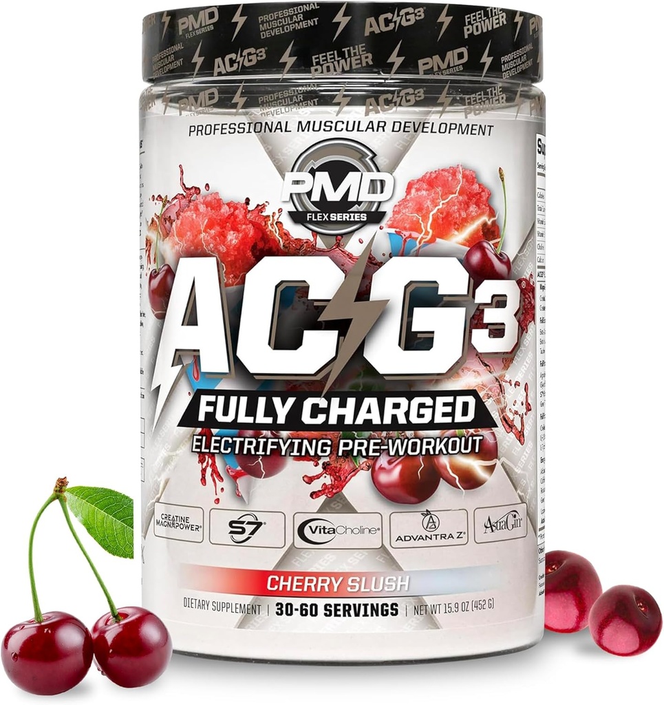 PMD Sports ACG3 Fully Charged - Electrifying Pre Workout Powder - High Energy & Pump Pre Workout for Men and Women to Maximize Focus, Endurance & Performance - Cherry Slush (30-60 Servings)