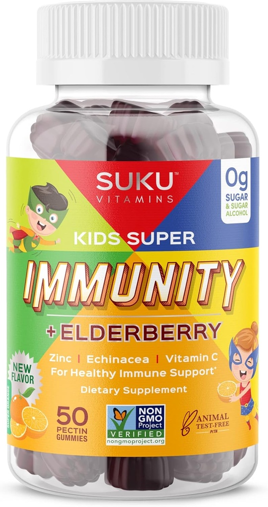SUKU Vitamins - Kids Super Immunity - Elderberry, Echinacea, Vitamin A and Zinc Gummies for Immune Support - Easy to Chew - Non GMO, Gluten Sugar Free - Pomegranate Lime Gummy Vitamins, 50 Count