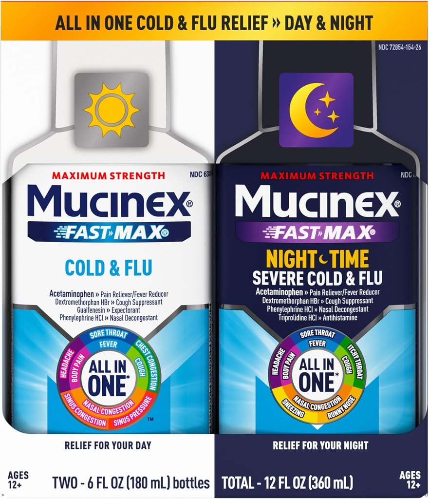 Mucinex Fast-Max Cold and Flu & Nightshift Medicine for Adults, Over-The-Counter Medication Combo Pack for Sore Throat Relief, Decongestant, Cough & Cold Medicine (2 x 6 Fl Oz)
