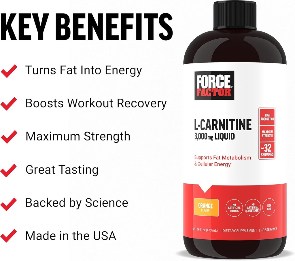 Force Factor L Carnitine Supplement, Liquid L-Carnitine 3000 mg to Help Turn Fat Into Energy, Support Muscle Recovery, and Boost Cellular Energy, Maximum Strength, Non-GMO, Orange Flavor, 16 Oz.