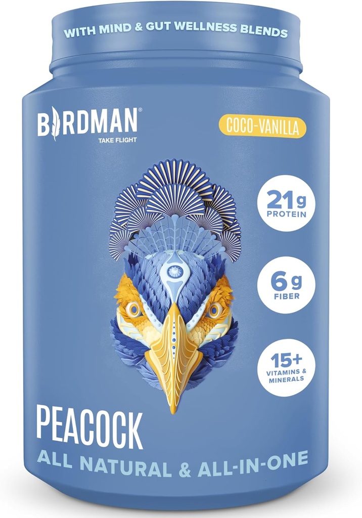BIRDMAN Peacock Vegan Protein Powder | Complete Plant Based Meal Replacement Shake with Magnesium, Vitamin D, MCT Oil | All in One Supplement for Men and Women | Smooth Texture | Coco Vanilla Flavor