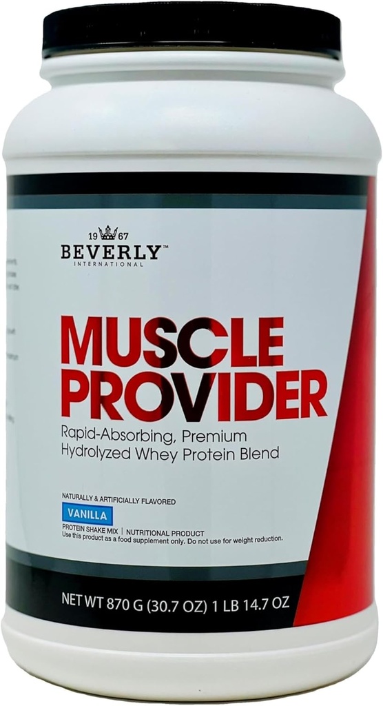 Beverly International Muscle Provider, 28 Servings, Vanilla. Super-Fast-Absorbing Whey Protein Powder for Recovery, Lean Muscle. Fills Your Muscles, not Your Stomach. Tastes Like Ice Cream