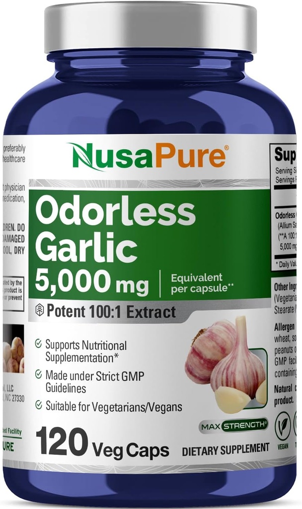 NusaPure Odorless Garlic 100:1 Extract, 50 mg Equivalent to 5000mg Capsule | 120 Veggie Caps | High Potency | Herbal Supplement | Non-GMO