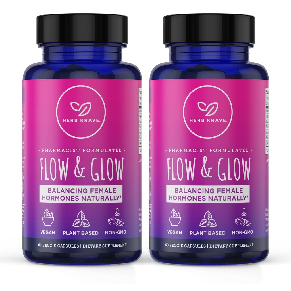Flow and Glow Natural Hormone Balance for Women - PMS & Menopause Relief for Cramps, Mood Swings & Night Sweats with Donq Quai & Black Cohosh for Menopause - 60 Vegan Capsules (2 Pack)