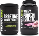 NutraBio Creatine Monohydrate, Unflavored, 500g and Whey Protein Isolate, Strawberry Ice Cream, Supplement Bundle - Muscle Energy, Lean Muscle Growth, Recovery, and Strength