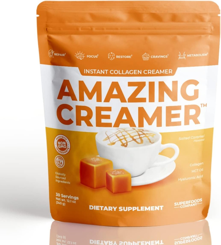 Superfoods Company Amazing Creamer with Collagen - Keto Creamer-Hyaluronic Acid & MCT Oil - Brain Boost & Curbs Cravings - Supports Healthy Skin & Hair - Diet-Friendly [30 Servings] [Salted Caramel]