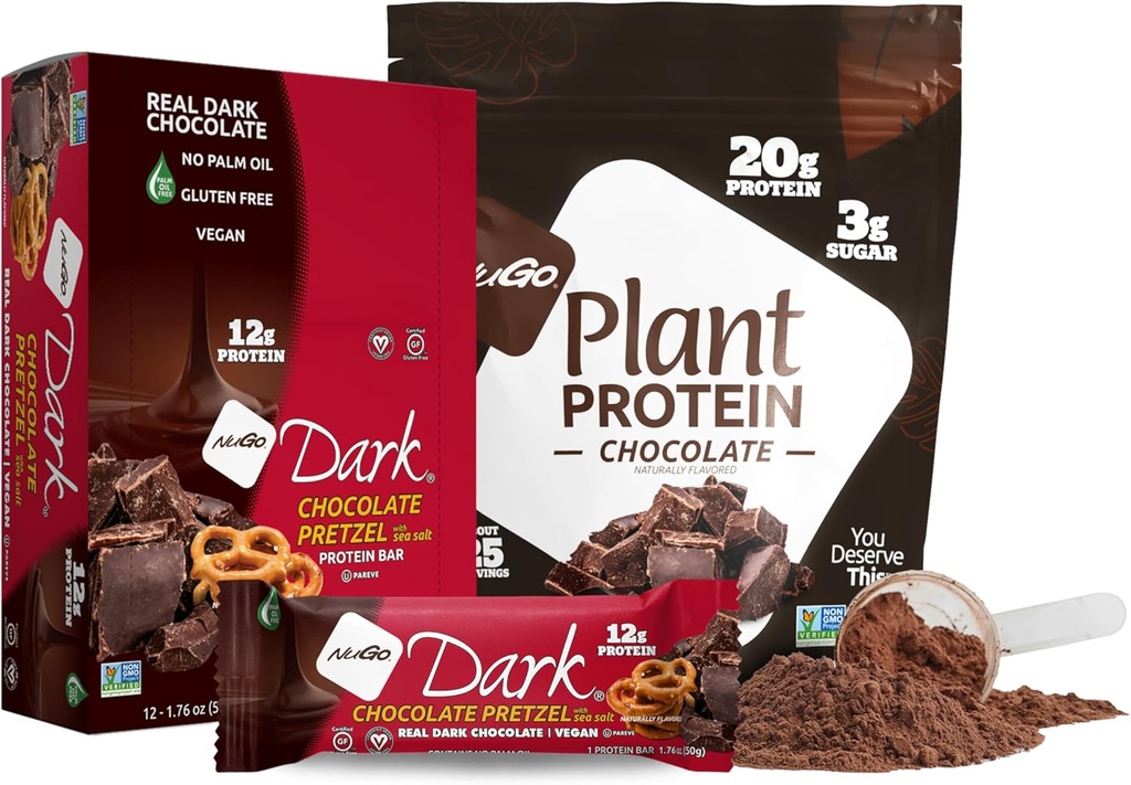NuGo Dark Chocolate Pretzel w/SS, 12g Vegan Protein, Gluten Free, Kosher Pareve, Non-GMO, 12 Count and NuGo Plant Protein Powder, Chocolate, 20g Protein, 3g Sugar, 25 Servings