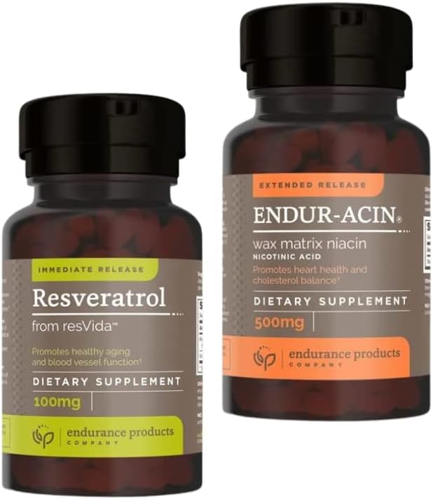 Endurance Products Resveratrol Supplement – Grape Skin Extract - 100mg Trans-Resveratrol Antioxidant and ENDUR-ACIN Niacin - Vitamin B3 Niacin 500mg Extended Release & Low-Flus