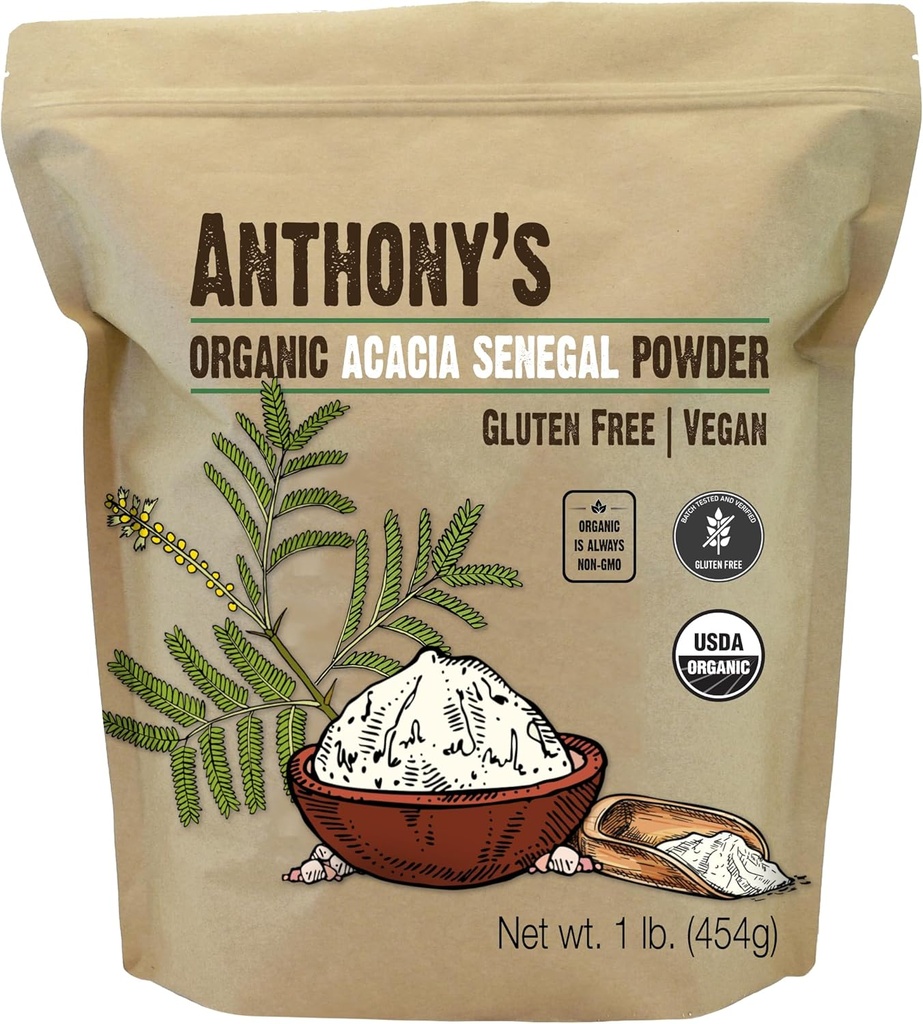 Anthony's Organic Acacia Senegal Powder, 1 lb, Batch Tested Gluten Free, Non GMO, Soluble Fiber, Prebiotic