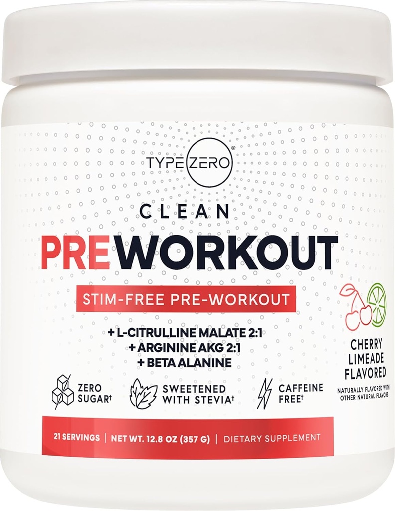 Type Zero Ultra Clean Stim Free Pump Pre Workout + Nitric Oxide Booster (Cherry Limeade) - Non Stimulating and Caffeine-Free for Men & Women