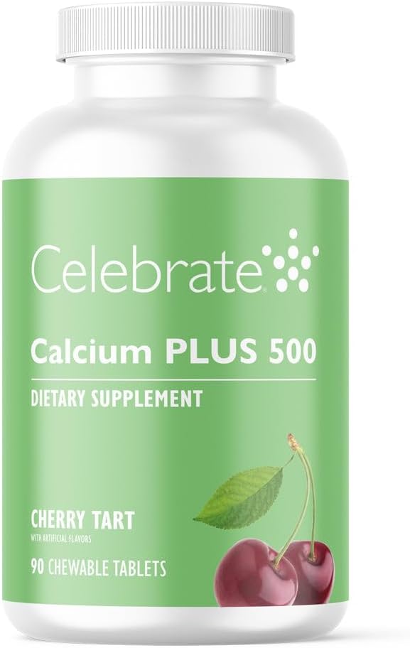 Celebrate Vitamins Calcium Plus - 500mg Calcium Citrate, 333 IU Vitamin D3 & 34mg Magnesium for Post Bariatric Surgery - Gluten-Free & Sugar-Free - Cherry, 90 Chewable Tablets