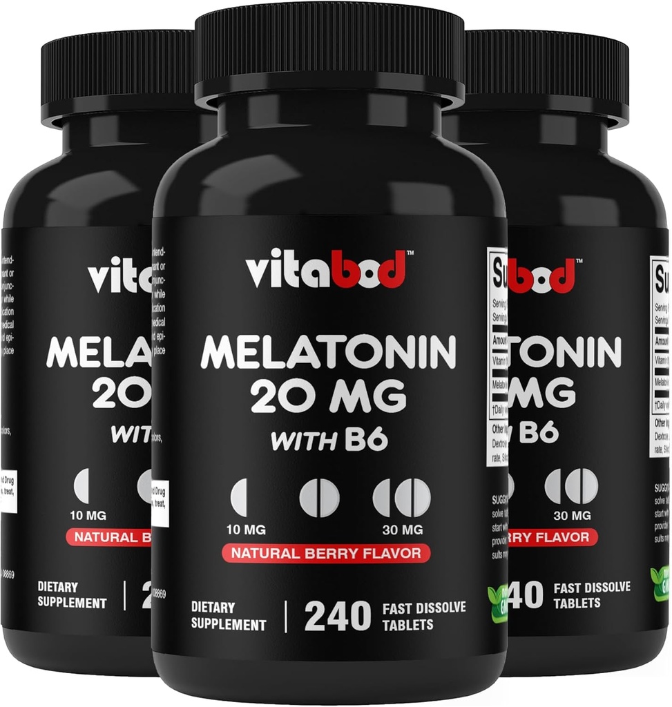 Melatonin 20 mg - 240 Fast Dissolve Tablets - Drug Free - Natural Berry Flavor - Vegetarian, Non-GMO, Gluten Free 240 Count (Pack of 3)