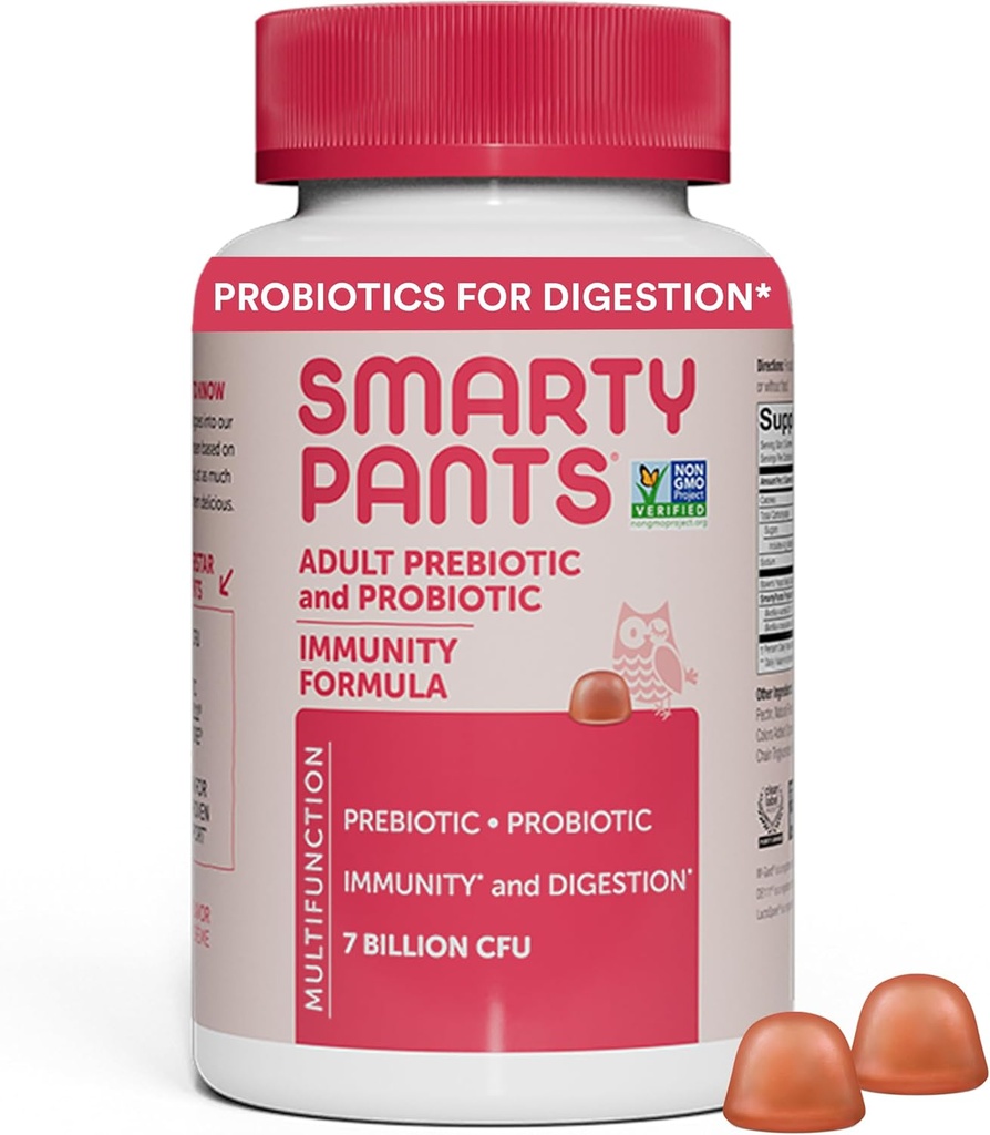 SmartyPants Adult Probiotic & Prebiotic Gummies for Digestive Health: Gut Health Supplement, Clinically Studied Prebiotic for Immune Support, Strawberry, 60 Count (30 Day Supply)