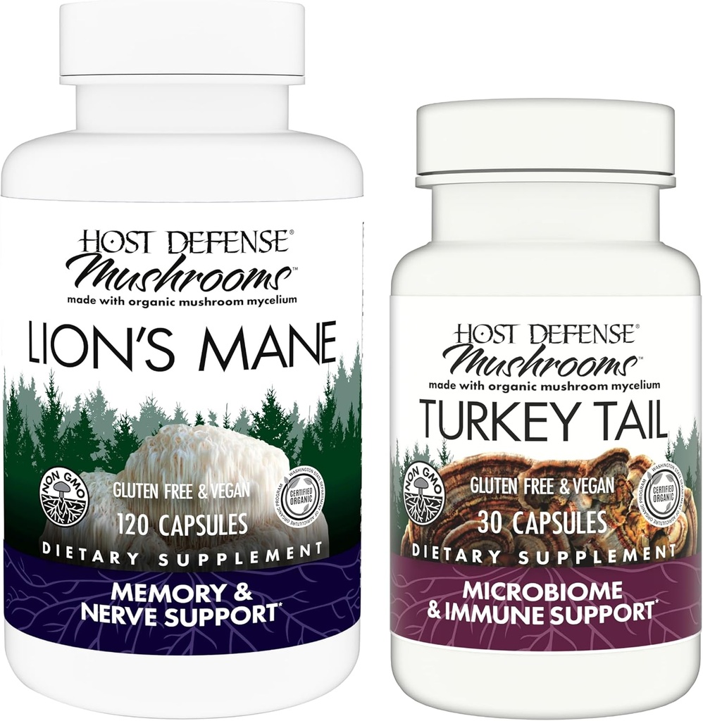 Host Defense Bundle with Lion's Mane Capsules, 120 Count & Turkey Tail Capsules, 30 Count - Support Brain Health, Memory & Focus - Support Digestive & Immune Health*