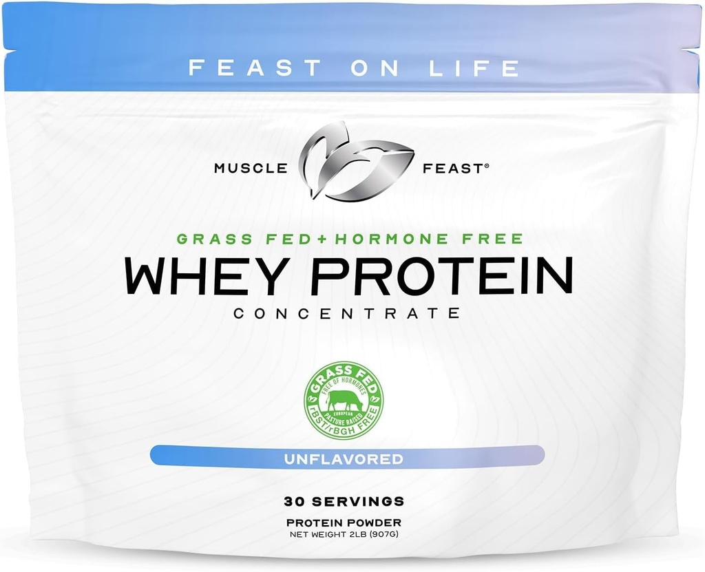 Muscle Feast Grass-Fed Whey Protein Concentrate Powder, All Natural, Hormone Free Pasture Raised Whey Protein Powder for Women & Men, Clean, Non-GMO & Gluten Free Whey Concentrate - Unflavored, 2lb