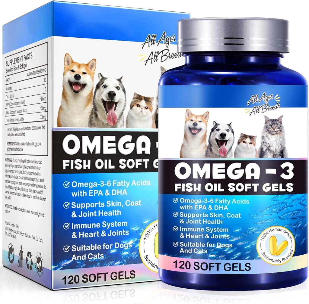 Omega-3 Fish Oil for Dogs, Omega 3 Fish Oil with EPA & DHA Supports Dogs Seasonal Allergies Relief, Boosts Immune Function, Itch Skin Relief & Promote Coat Health, Pet Supplements - 120 Soft Gels