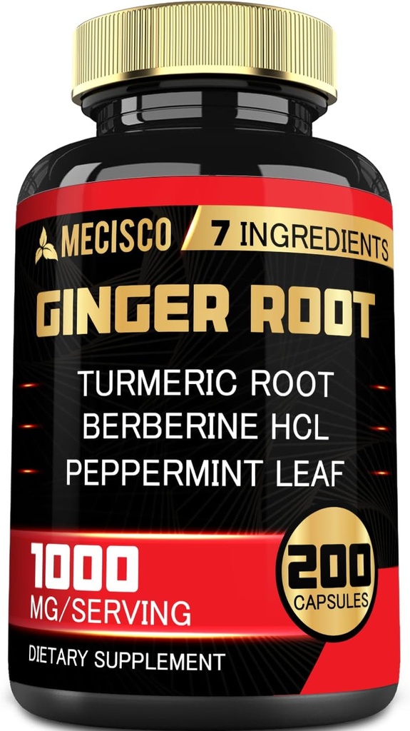 7-in-1 Ginger Root Supplement with Turmeric Curcumin, Berberine, Peppermint Leaf, Astragalus Root, Ceylon Cinnamon, Beet Root - 200 Capsules