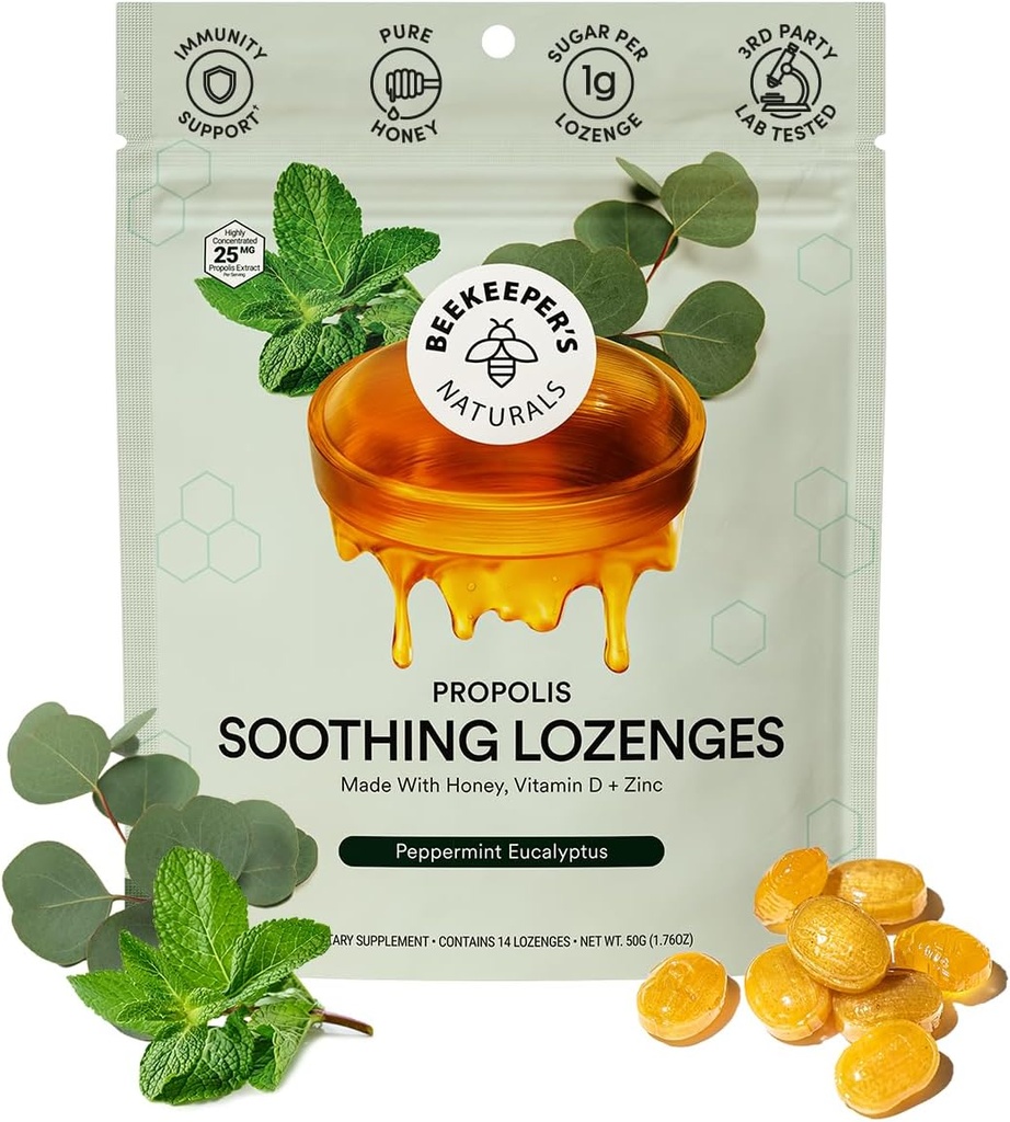 Beekeeper's Naturals Soothing Mint Eucalyptus Cough Drops, Immune Support with Vitamin D, Zinc and Propolis, Cooling & Throat Soothing Lozenges, 14 Ct