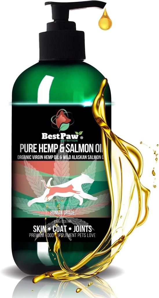 Pure Hemp & Salmon Oil for Dogs and Cats - Omega Skin Care Remedy for Dandruff, Shedding, Allergy & Itchy Skin Relief - Joint Supplement for Pet Arthritis - Skin & Coat Vitamins Pets Love - 8 oz