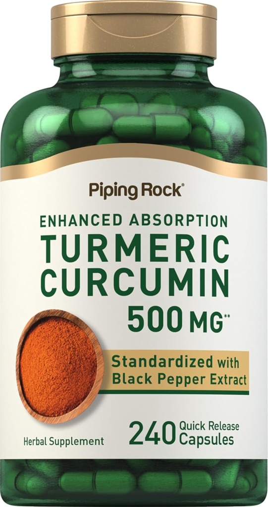 Piping Rock Turmeric Curcumin Supplement 500 mg | 240 Capsules | with Black Pepper | Standardized Complex Extract | Non-GMO, Gluten Free