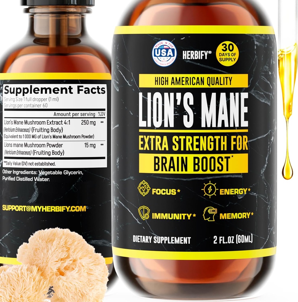 HERBIFY Lions Mane Supplement - Daily Mushroom Supplement for Memory, Focus & Clarity - Brain Booster - Lions Mane Tincture for Immune Support - 2 Fl oz
