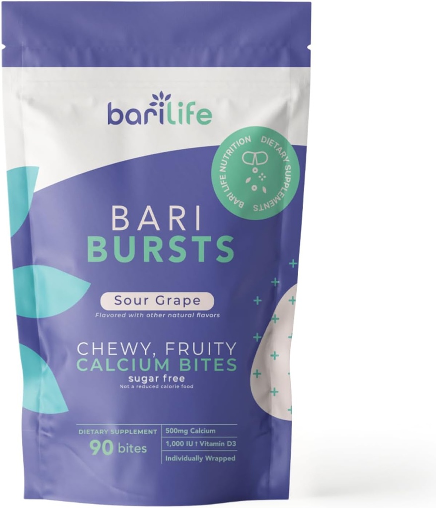 Calcium Citrate Bariatric Calcium Chews with 1000 IU Vitamin D3 - Ideal for Bariatric Patients - BariBurst by Bari Life (Sour Grape)
